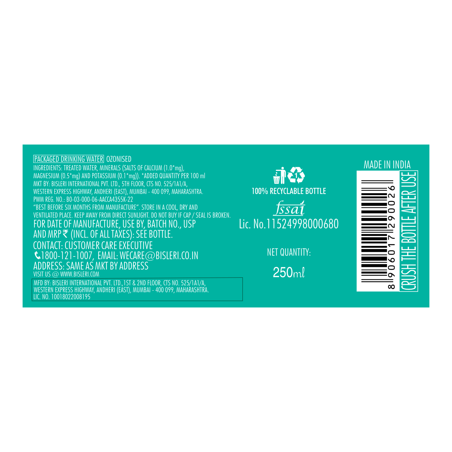 Bisleri 250 ML Packaged Drinking Water back label